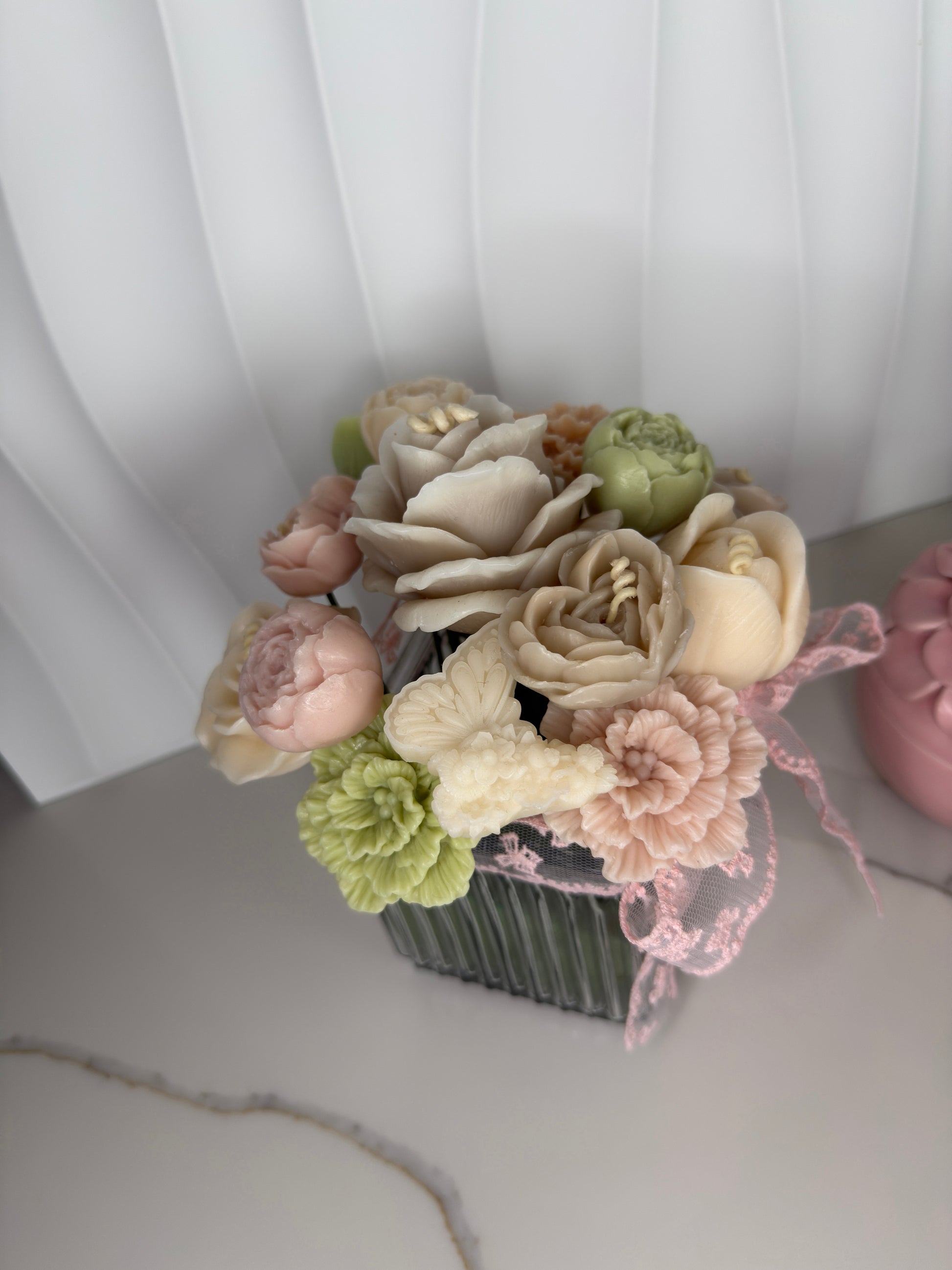 Close-up wax flower candle bouquet — Seraphics CA floral collection