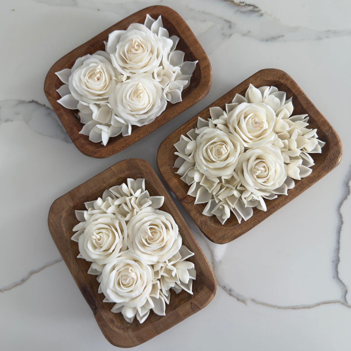 Three white flower candles on decorative tray — Seraphics CA gift candle